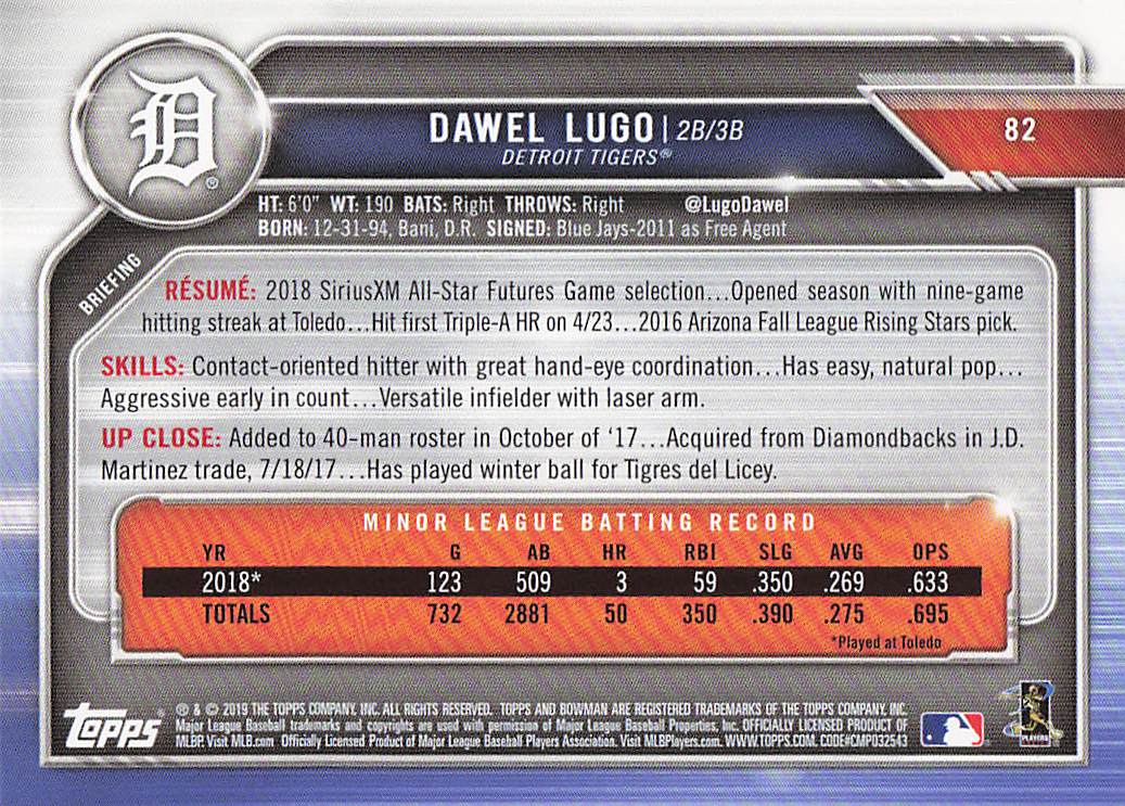 2019 Bowman Baseball Dawel Lugo #82 Rookie