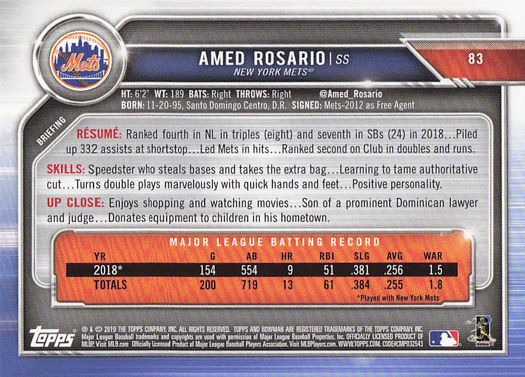 2019 Bowman Baseball Amed Rosario #83