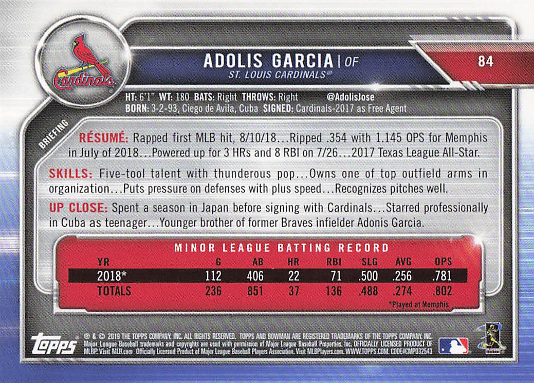 2019 Bowman Baseball Adolis Garcia #84 Rookie