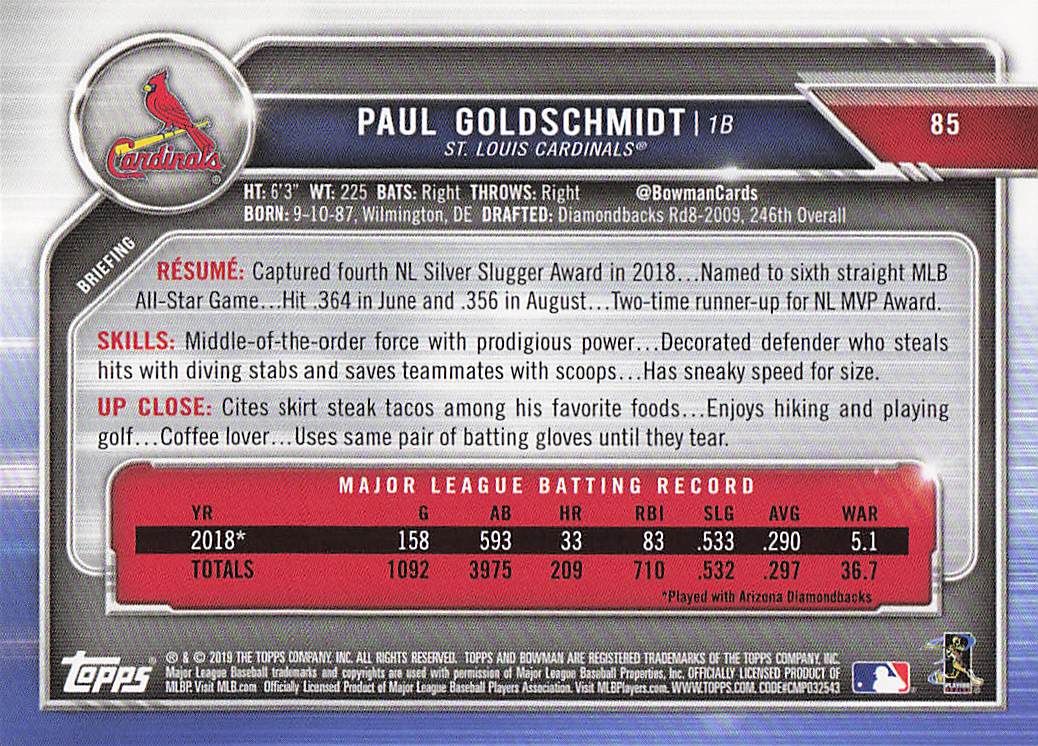2019 Bowman Baseball Paul Goldschmidt #85