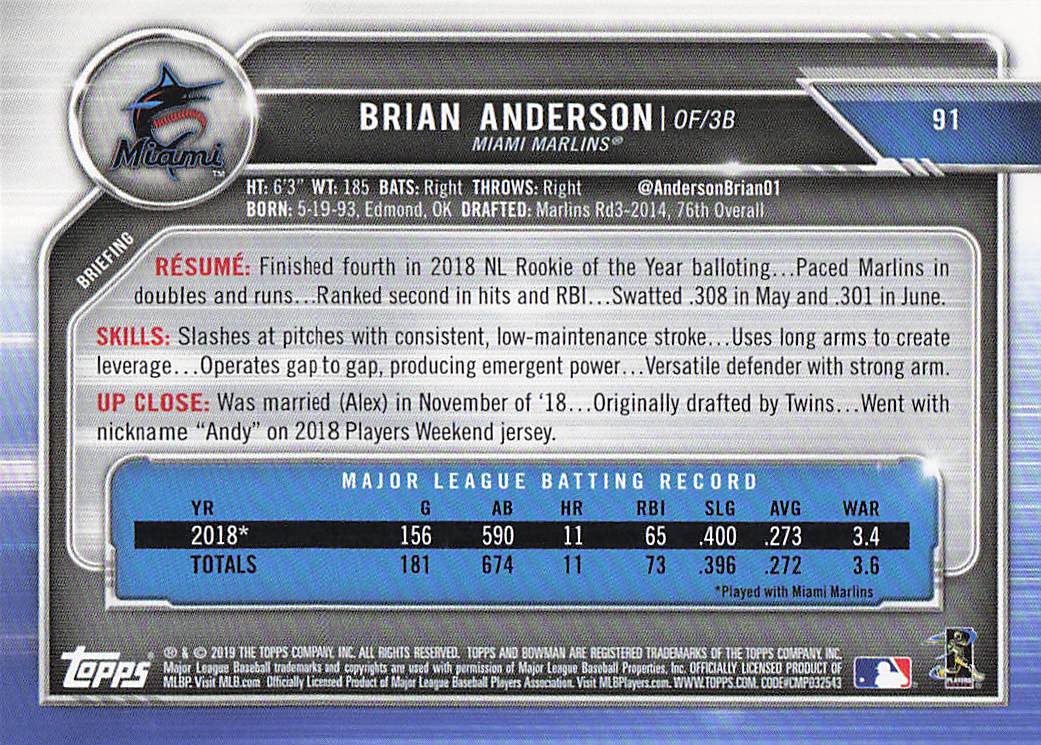 2019 Bowman Baseball Brian Anderson #91