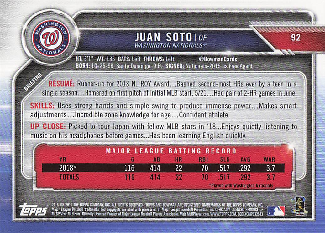 2019 Bowman Baseball Juan Soto #92