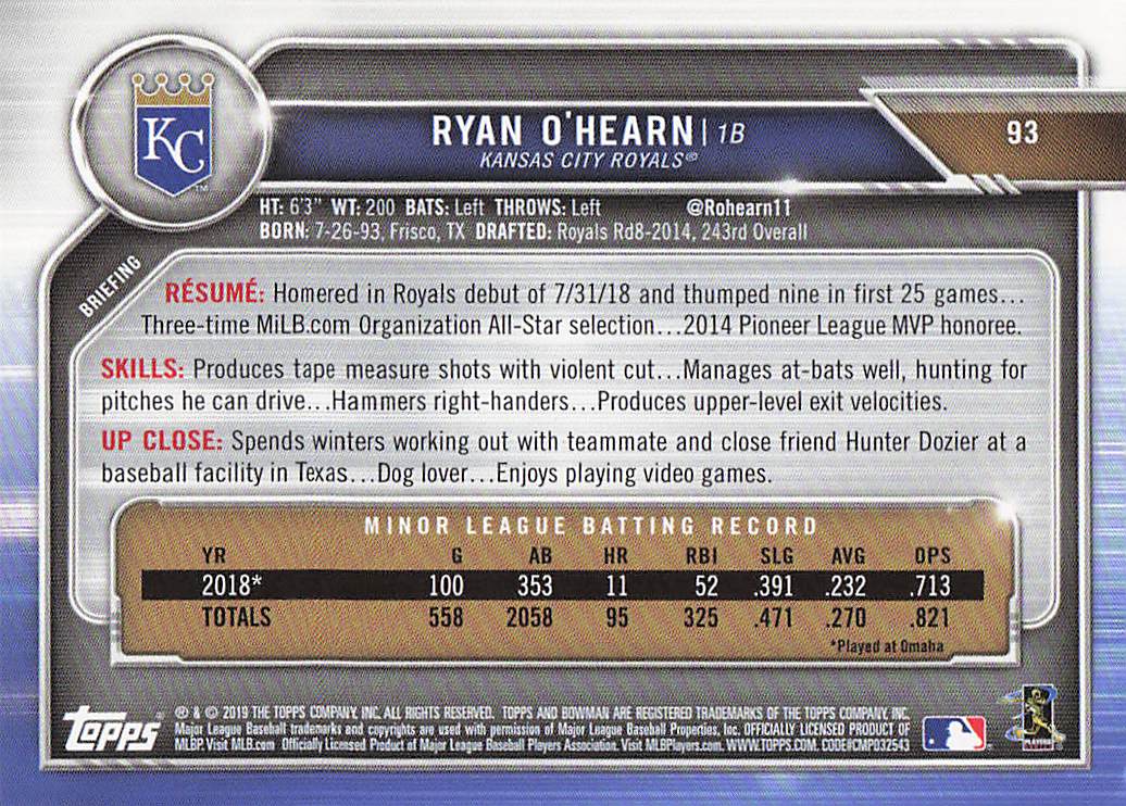 2019 Bowman Baseball Purple Ryan O'Hearn #93 Rookie