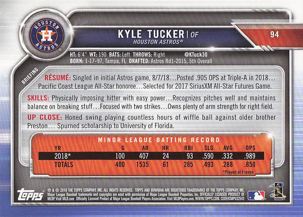 2019 Bowman Baseball Kyle Tucker #94 Rookie