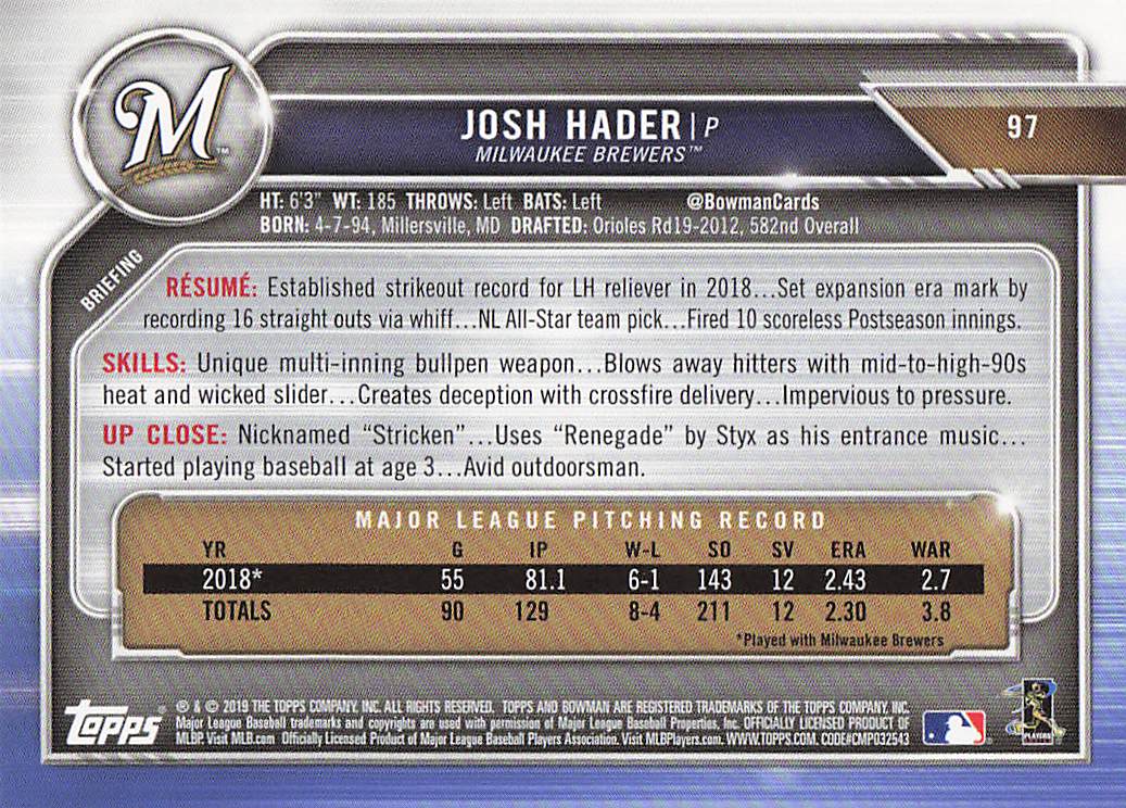 2019 Bowman Baseball Josh Hader #97