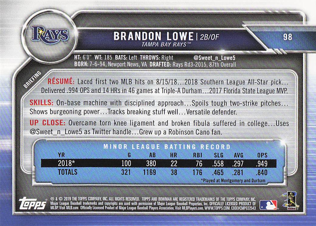 2019 Bowman Baseball Brandon Lowe #98 Rookie