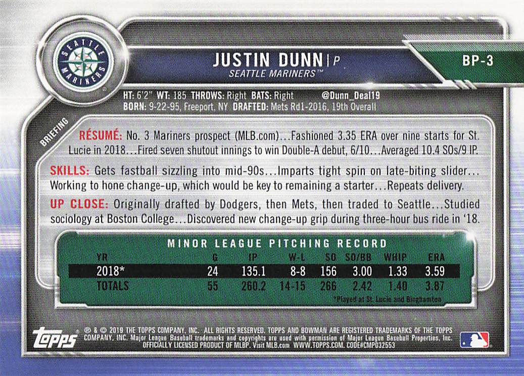 2019 Bowman Baseball Justin Dunn #BP-3