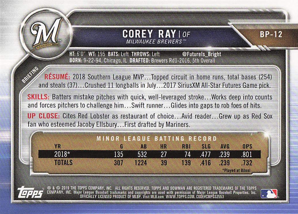 2019 Bowman Baseball Prospects Corey Ray #BP-12