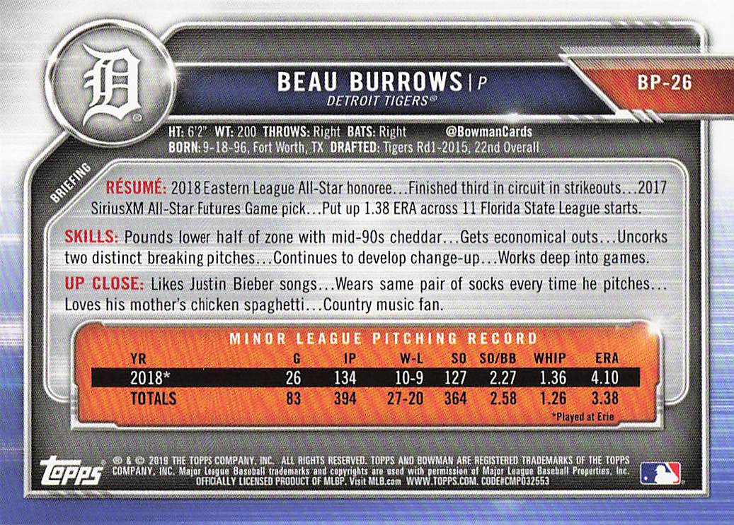 2019 Bowman Baseball Beau Burrows #BP-26