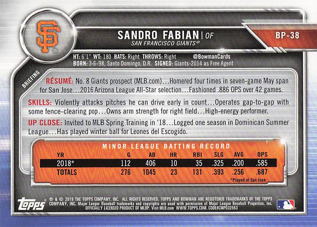 2019 Bowman Baseball Prospects Sandro Fabian #BP-38