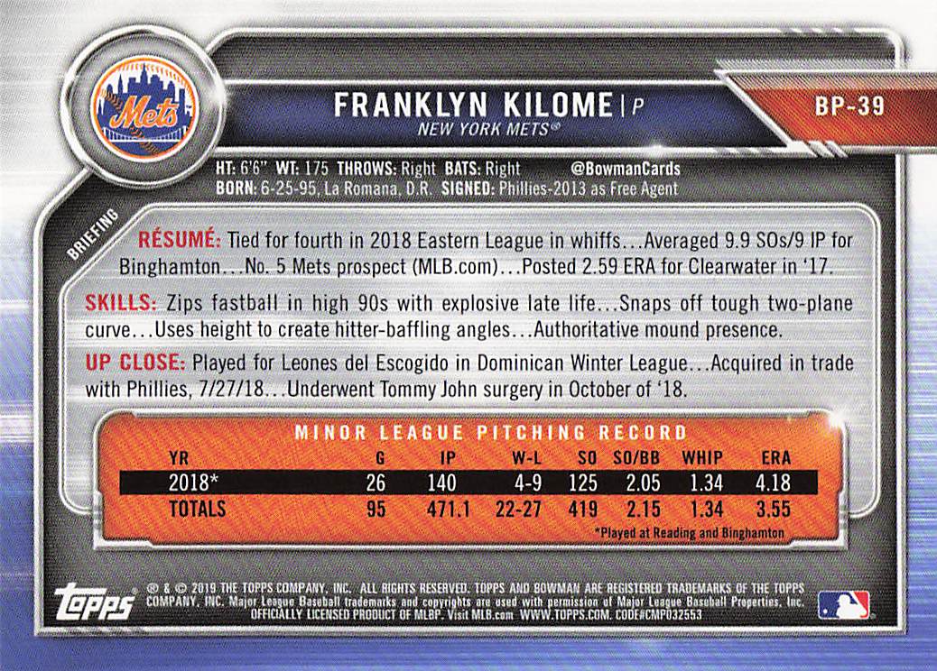 2019 Bowman Baseball Prospects Franklyn Kilome #BP-39