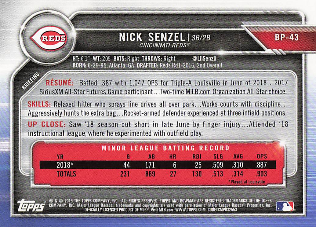 2019 Bowman Baseball Nick Senzel #BP-43