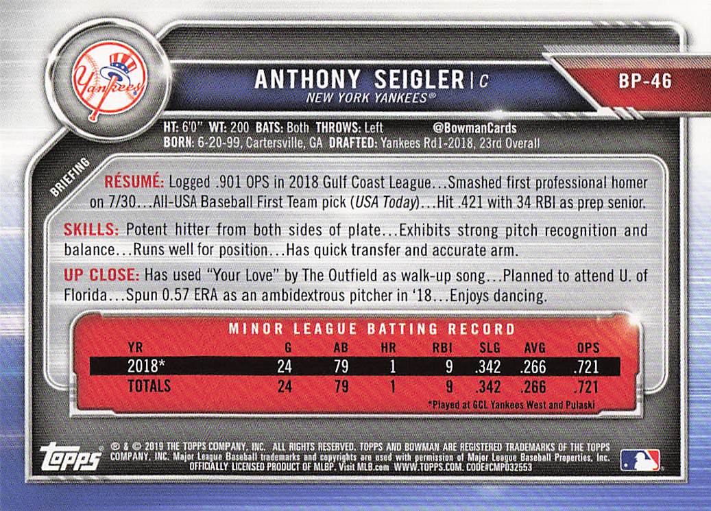 2019 Bowman Baseball Prospects Anthony Seigler #BP-46