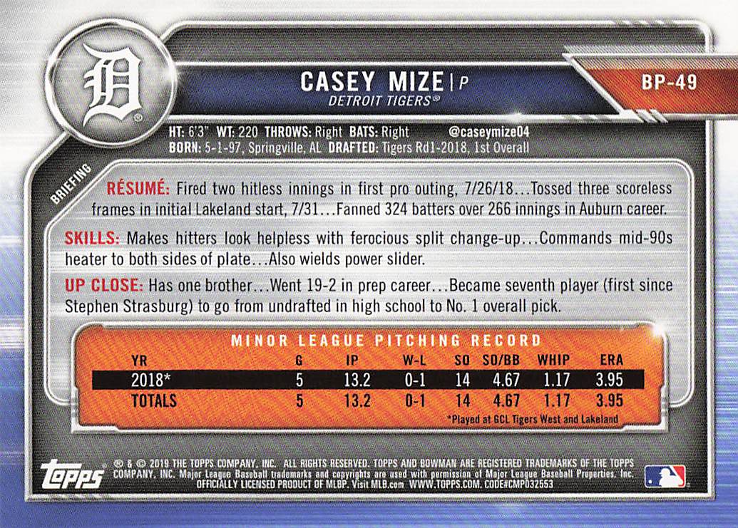 2019 Bowman Baseball Prospects Casey Mize #BP-49