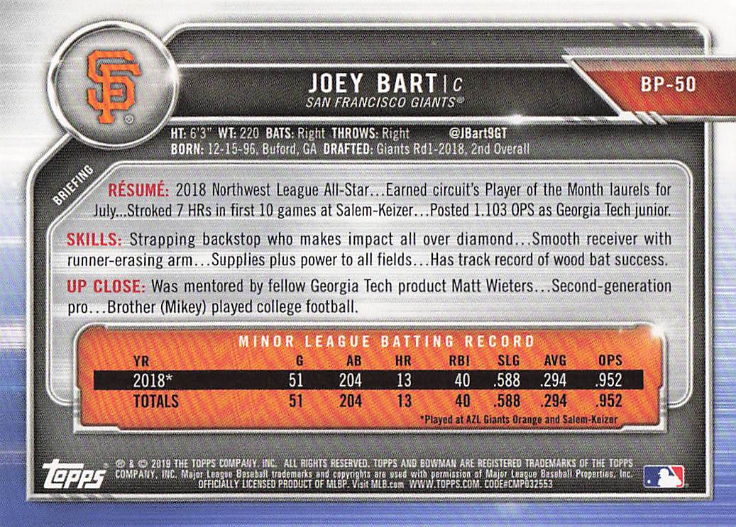 2019 Bowman Baseball Prospects Joey Bart #BP-50