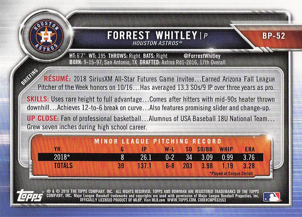 2019 Bowman Baseball Prospects Forrest Whitley #BP-52