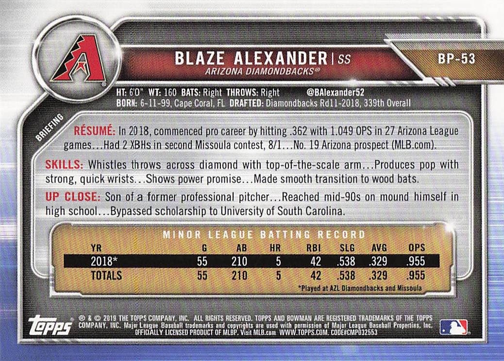 2019 Bowman Baseball Blaze Alexander #BP-53