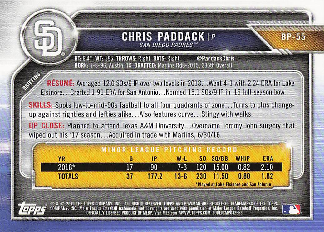 2019 Bowman Baseball Prospects Chris Paddack #BP-55
