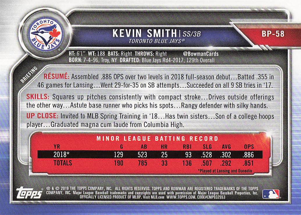 2019 Bowman Baseball Prospects Kevin Smith #BP-58
