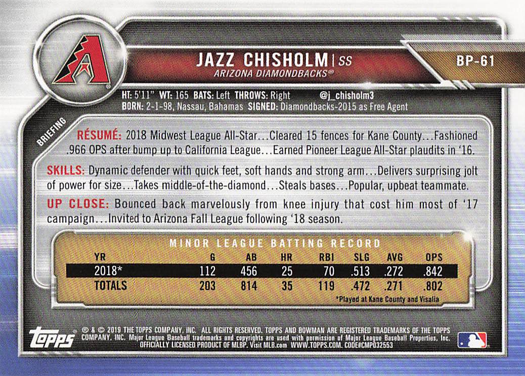 2019 Bowman Baseball Prospects Jazz Chisholm #BP-61