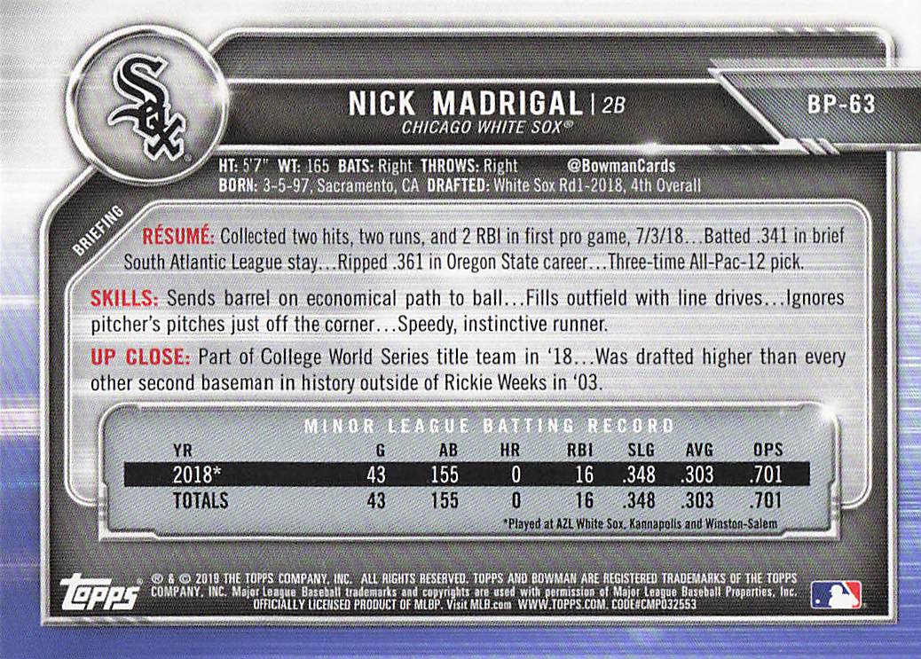 2019 Bowman Baseball Nick Madrigal #BP-63