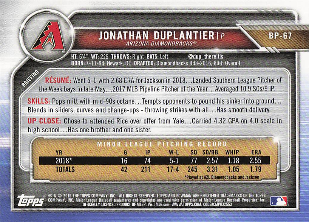 2019 Bowman Baseball Jon Duplantier #BP-67