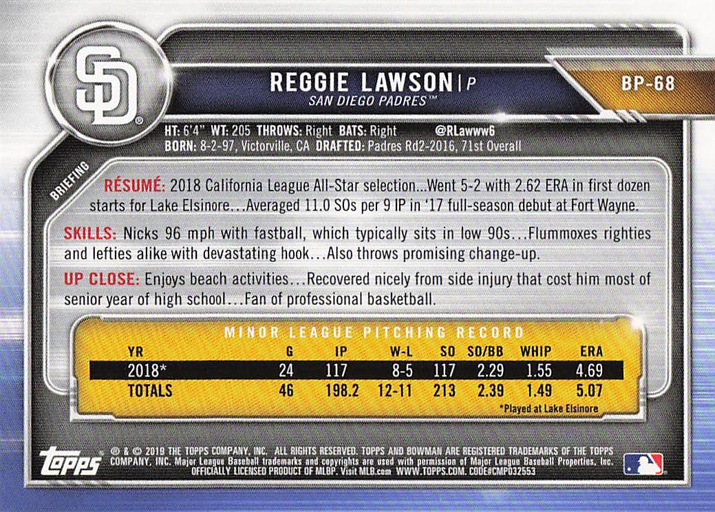 2019 Bowman Baseball Prospects Reggie Lawson #BP-68