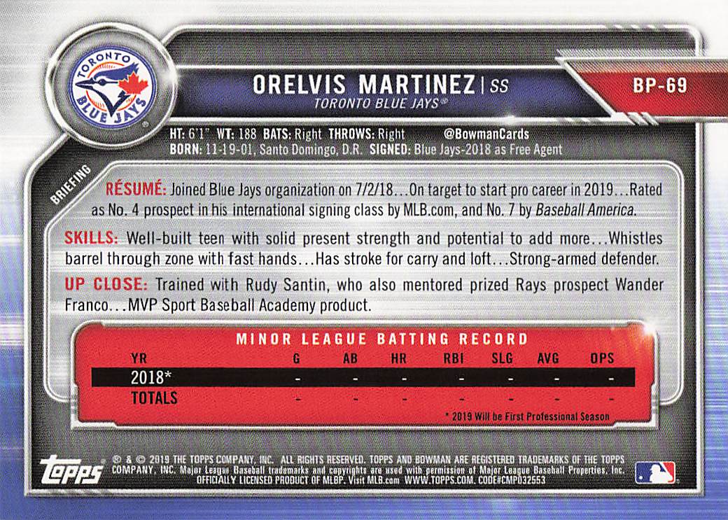 2019 Bowman Baseball Prospects Orelvis Martinez #BP-69