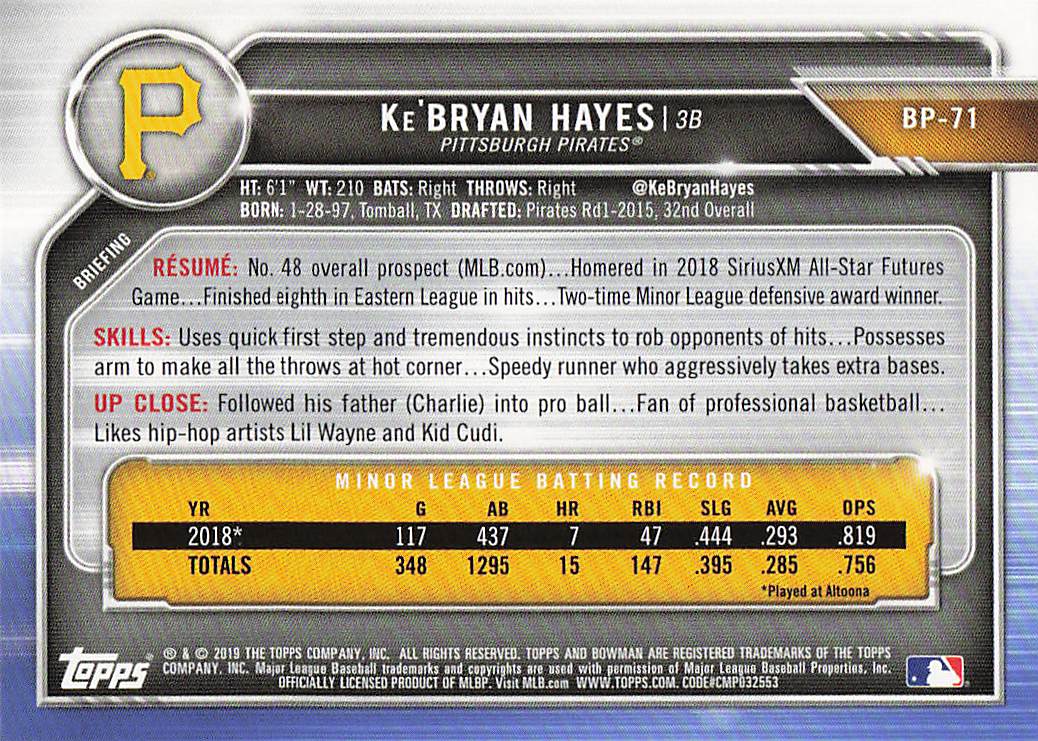 2019 Bowman Baseball Ke'Bryan Hayes #BP-71