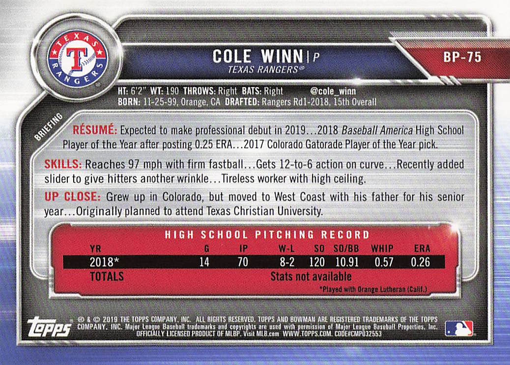 2019 Bowman Baseball Prospects Cole Winn #BP-75