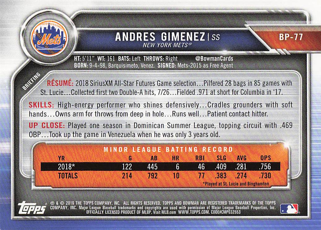 2019 Bowman Baseball Prospects Andres Gimenez #BP-77