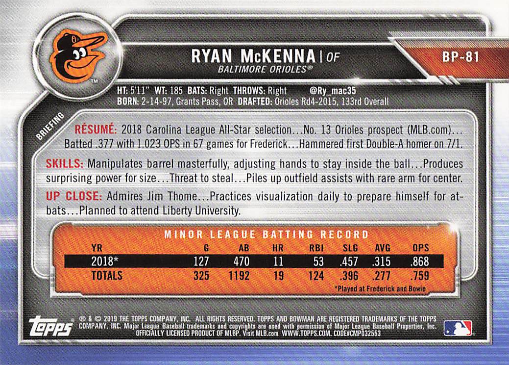 2019 Bowman Baseball Prospects Ryan McKenna #BP-81