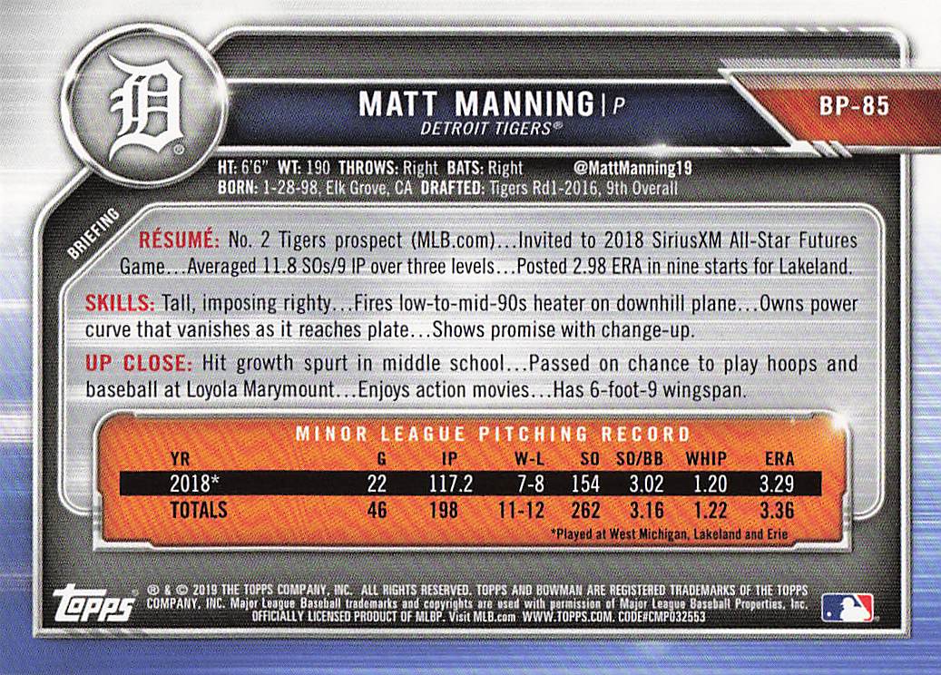 2019 Bowman Baseball Prospects Matt Manning #BP-85
