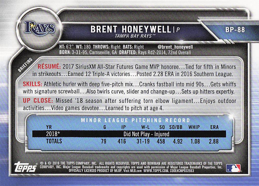 2019 Bowman Baseball Prospects Brent Honeywell #BP-88