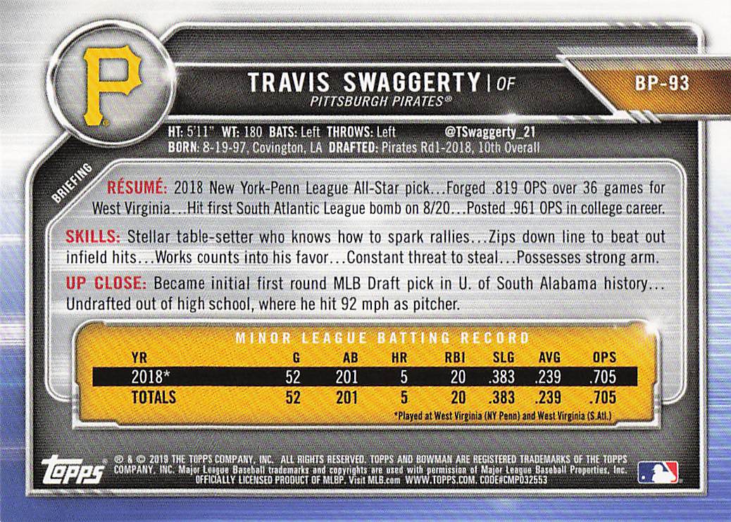 2019 Bowman Baseball Travis Swaggerty #BP-93