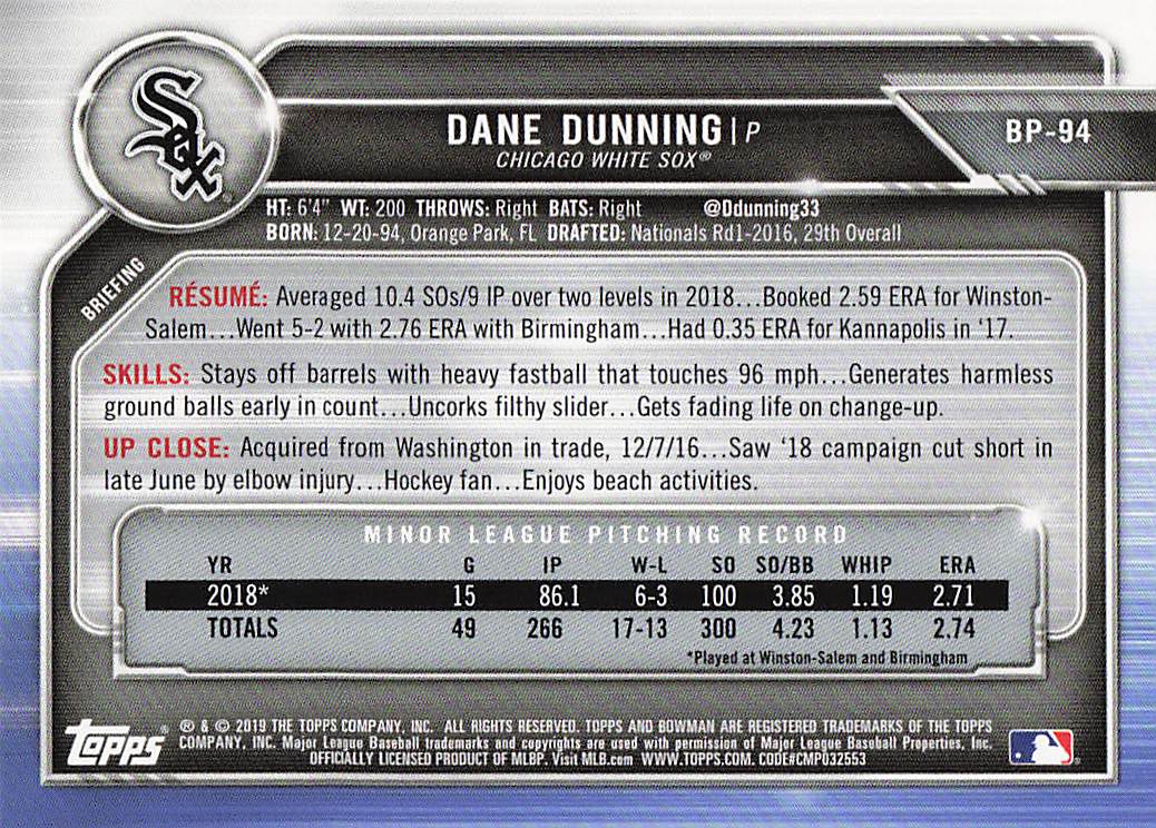 2019 Bowman Baseball Prospects Dane Dunning #BP-94