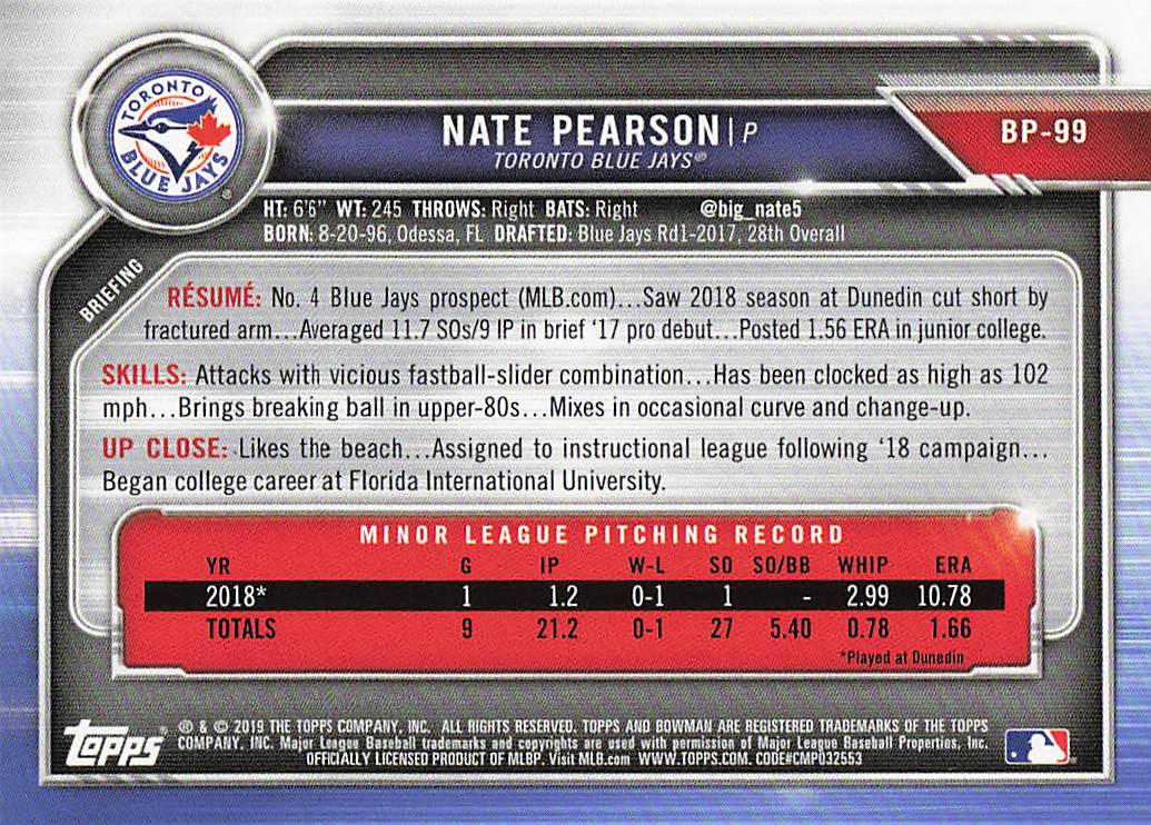 2019 Bowman Baseball Nate Pearson #BP-99