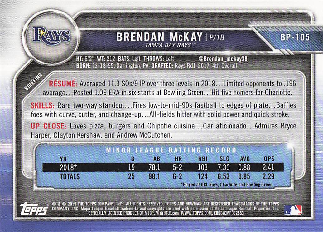 2019 Bowman Baseball Brendan McKay #BP-105