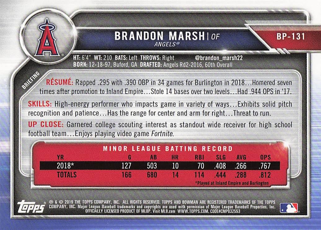 2019 Bowman Baseball Brandon Marsh #BP-131