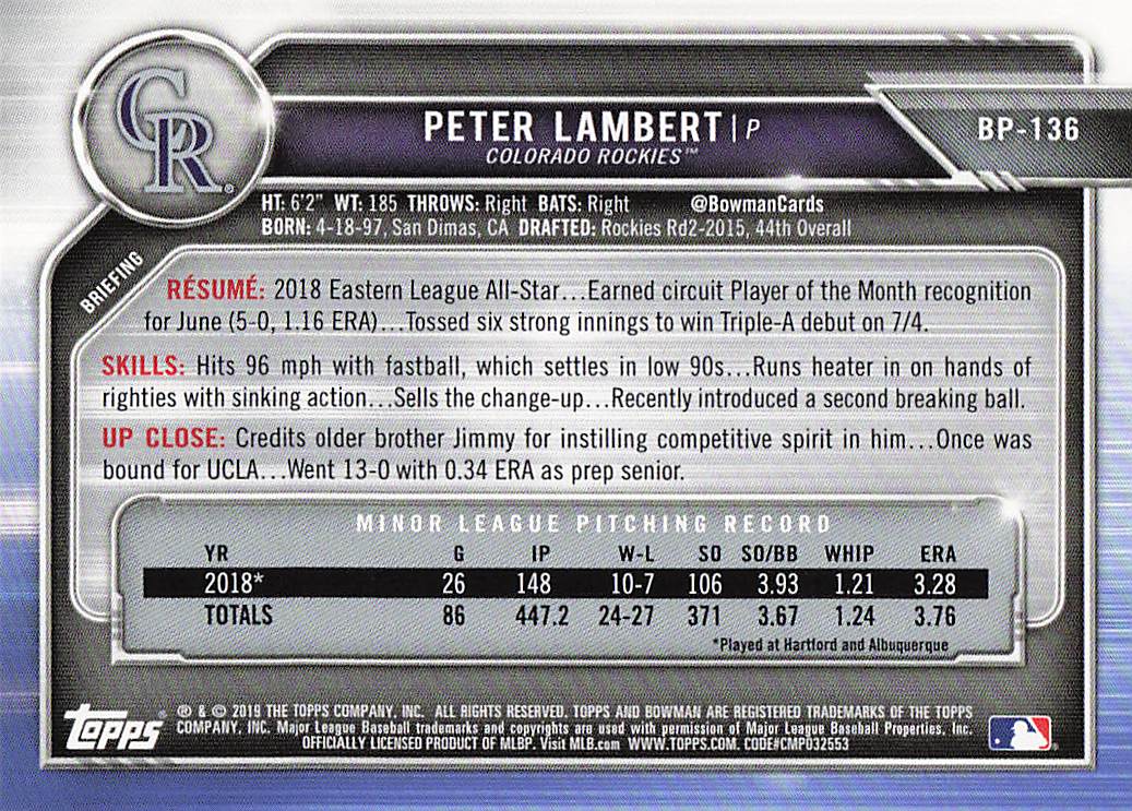 2019 Bowman Baseball Prospects Peter Lambert #BP-136