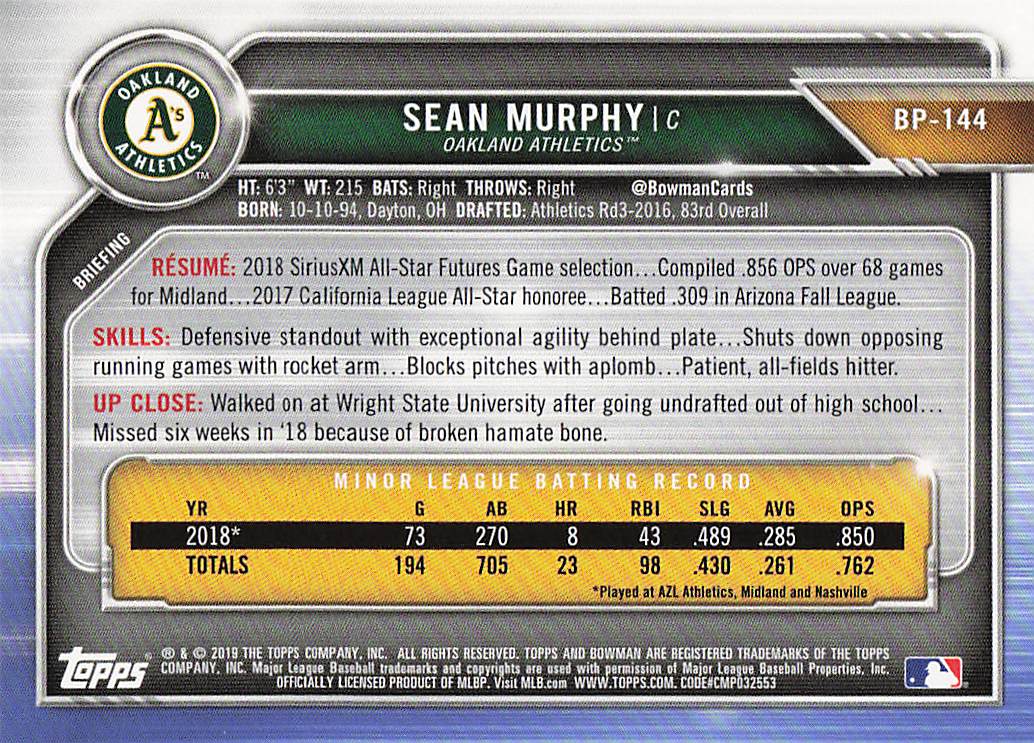 2019 Bowman Baseball Sean Murphy #BP-144