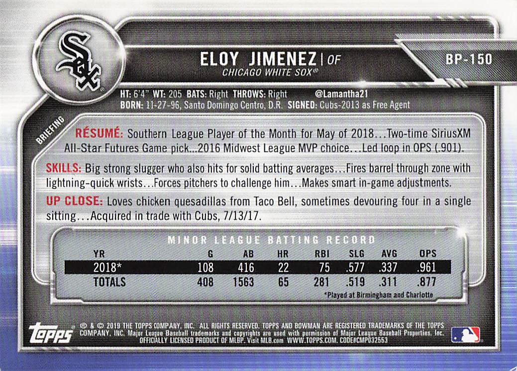 2019 Bowman Baseball Prospects Eloy Jimenez #BP-150
