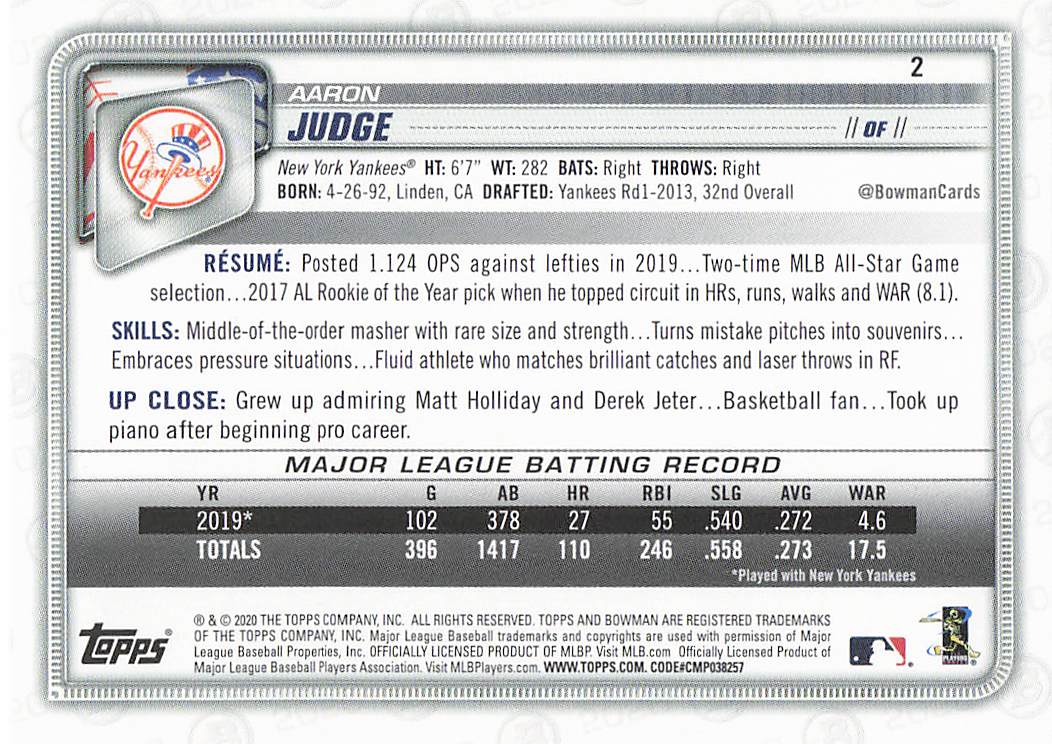 2020 Bowman Baseball Aaron Judge #2