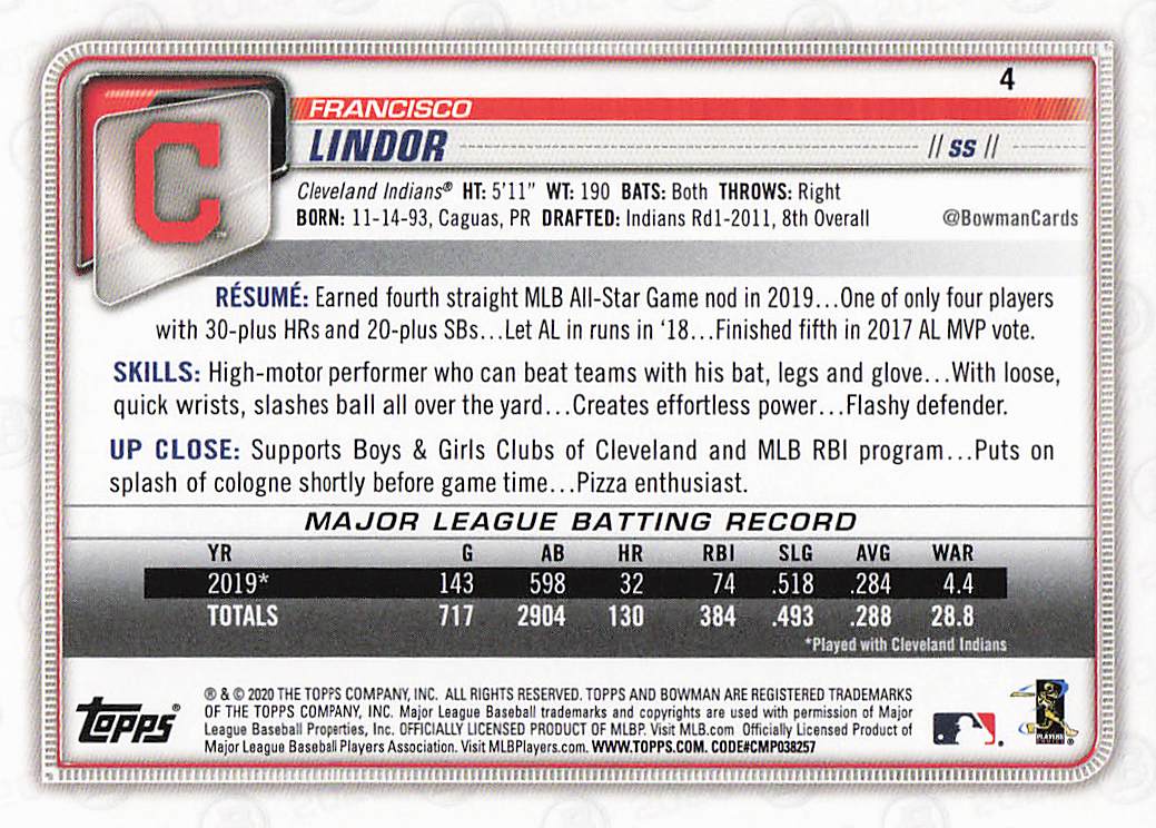 2020 Bowman Baseball Francisco Lindor #4