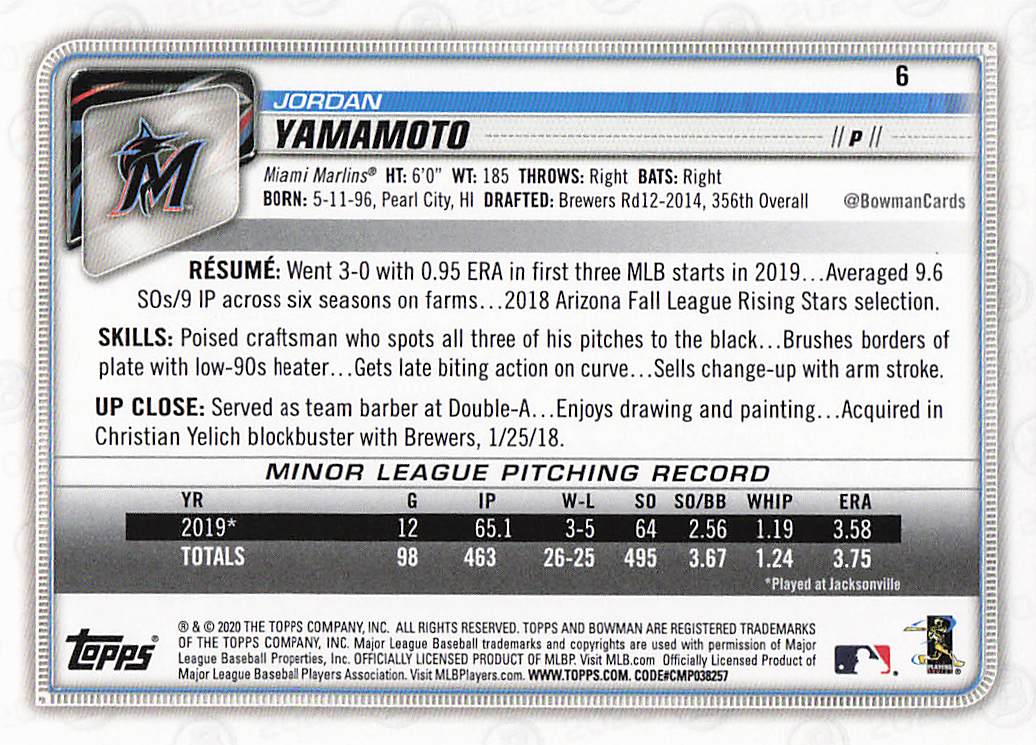 2020 Bowman Baseball Jordan Yamamoto #6 Rookie