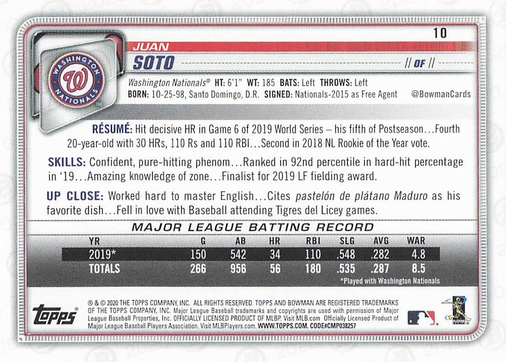 2020 Bowman Baseball Juan Soto #10