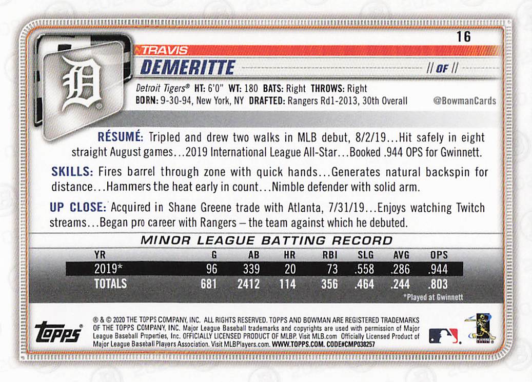 2020 Bowman Baseball Travis Demeritte #16 Rookie