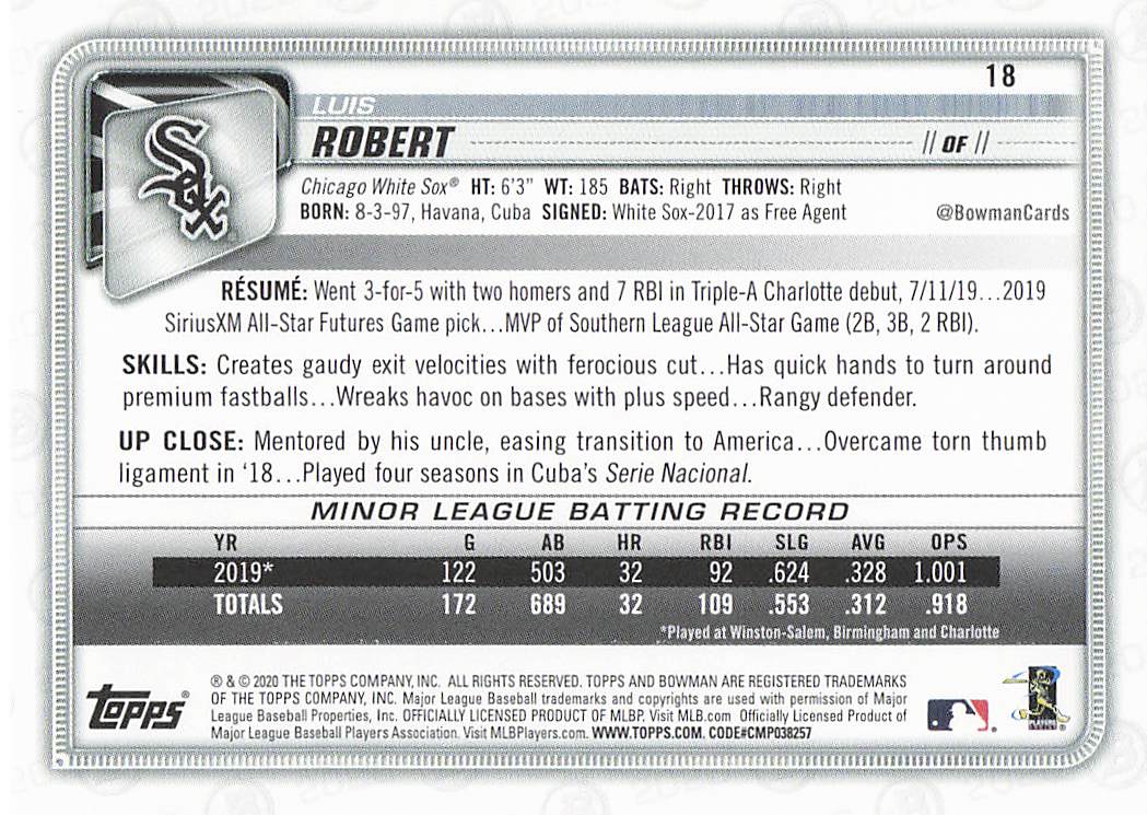 2020 Bowman Baseball Luis Robert #18 Rookie