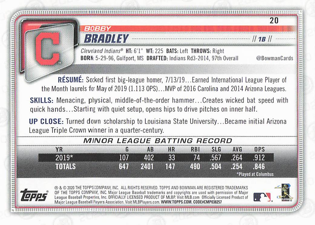 2020 Bowman Baseball Bobby Bradley #20 Rookie
