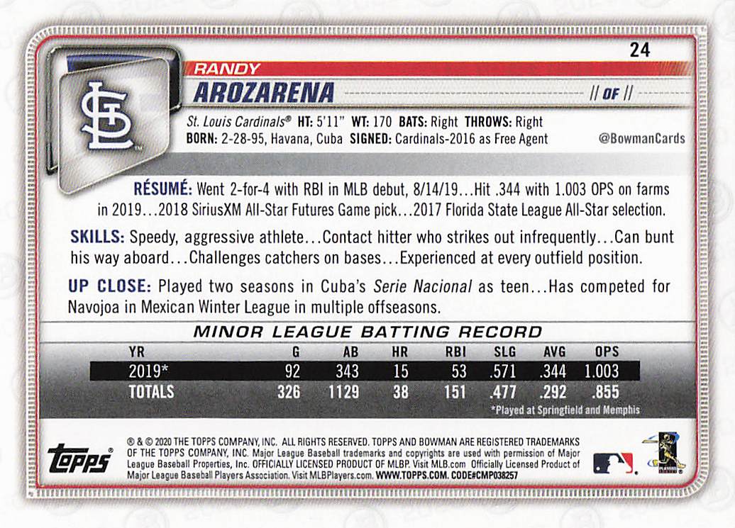 2020 Bowman Baseball Randy Arozarena #24 Rookie
